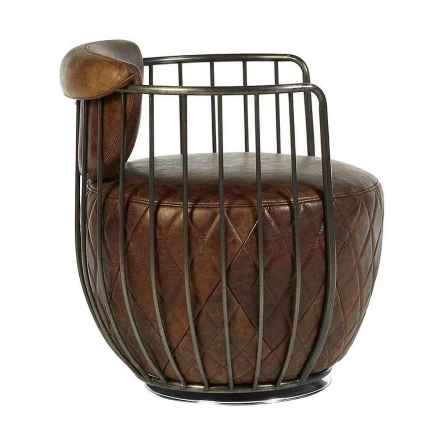 Vasból készült, 360 fokban körbe forgatható, vintage barna színű marhabőrrel kárpitozott, kortárs-loft stílusú, formatervezett prémium klubfotel.
