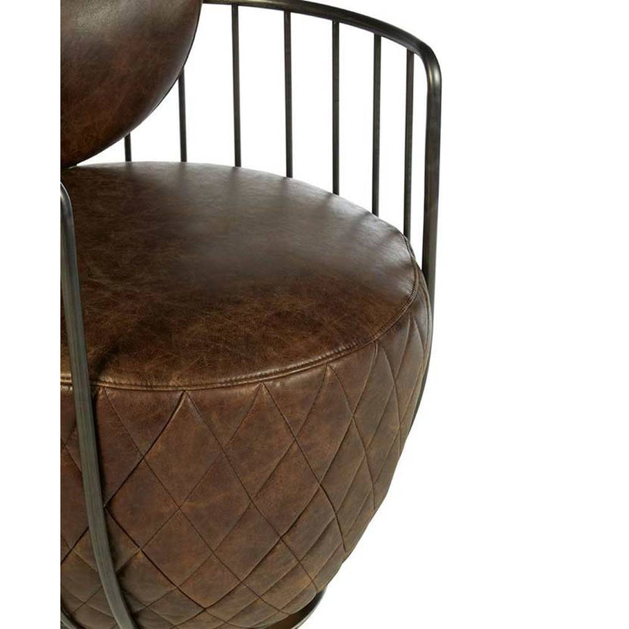 Vasból készült, 360 fokban körbe forgatható, vintage barna színű marhabőrrel kárpitozott, kortárs-loft stílusú, formatervezett prémium klubfotel.