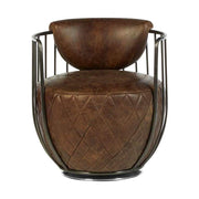 Vasból készült, 360 fokban körbe forgatható, vintage barna színű marhabőrrel kárpitozott, kortárs-loft stílusú, formatervezett prémium klubfotel.