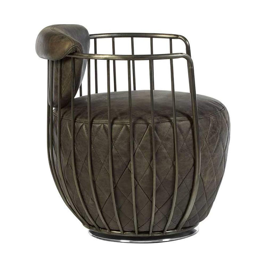 Vasból készült, 360 fokban körbe forgatható, ébenfa színű marhabőrrel kárpitozott, kortárs-loft stílusú, formatervezett prémium klubfotel.