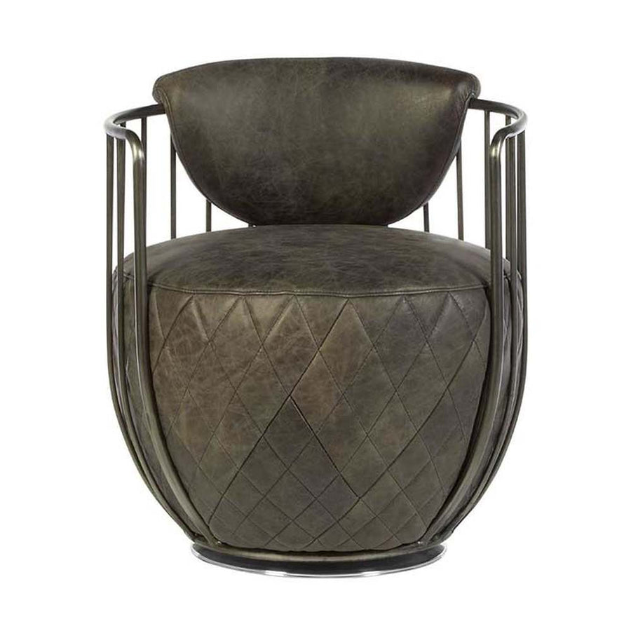 Vasból készült, 360 fokban körbe forgatható, ébenfa színű marhabőrrel kárpitozott, kortárs-loft stílusú, formatervezett prémium klubfotel.