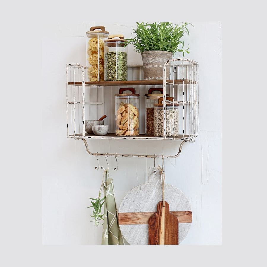 Loft stílusú, 52 cm hosszú, antikolt felületű, fém fogasokkal felszerelt konyhai falipolc.