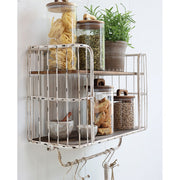 Loft stílusú, 52 cm hosszú, antikolt felületű, fém fogasokkal felszerelt konyhai falipolc.