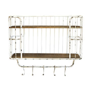 Loft stílusú, 52 cm hosszú, antikolt felületű, fém fogasokkal felszerelt konyhai falipolc.