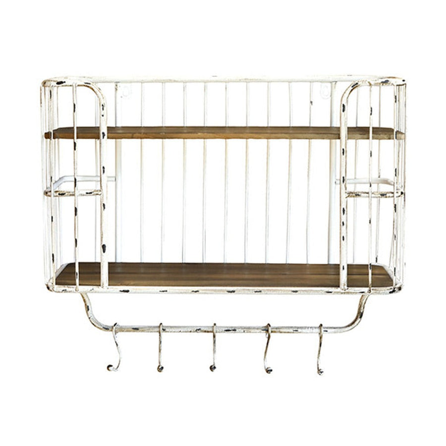 Loft stílusú, 52 cm hosszú, antikolt felületű, fém fogasokkal felszerelt konyhai falipolc.