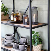 Loft stílusú, 145 cm hosszú és 200 cm magas, antik fekete színű fém könyvespolc 5 db fa polccal