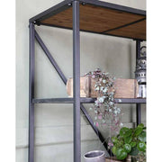 Loft stílusú, 145 cm hosszú és 200 cm magas, antik fekete színű fém könyvespolc 5 db fa polccal