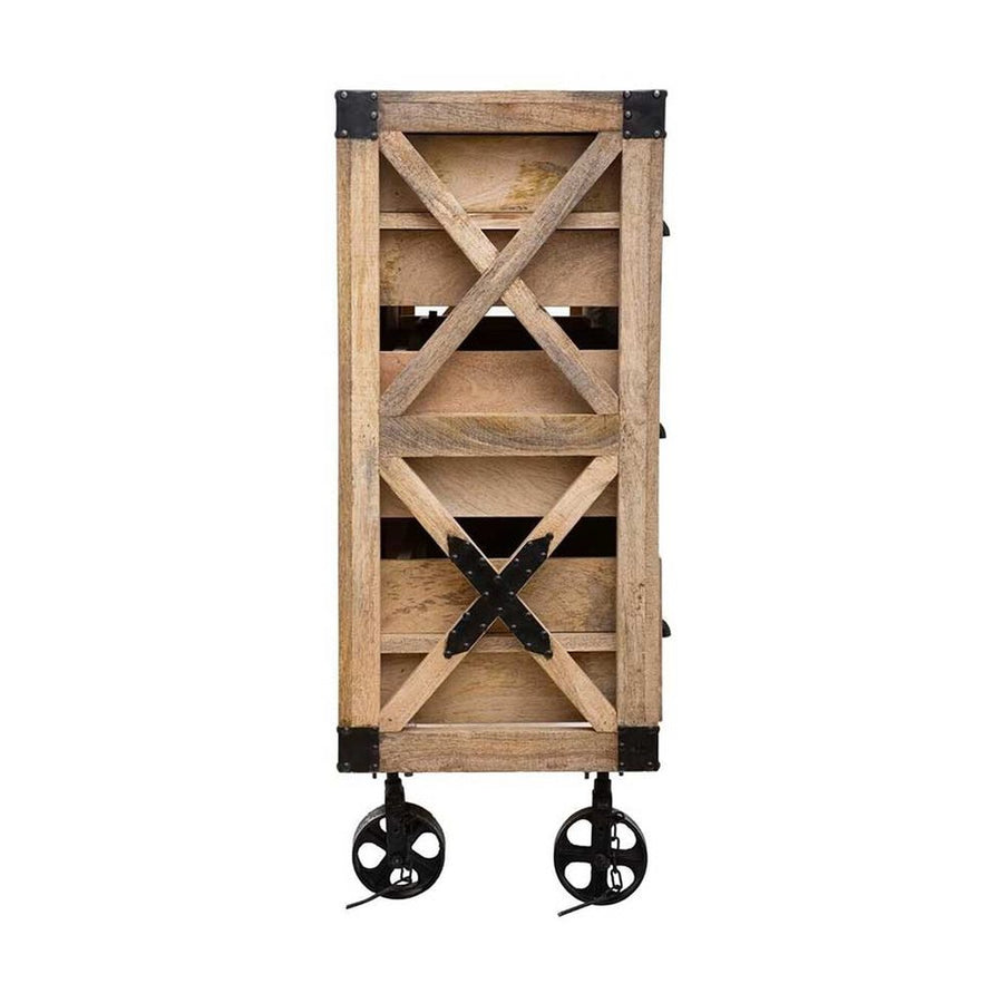 Natúr színű, tömör mangófából készült, 150 cm hosszú és 103 cm magas, 6 fiókos, loft stílusú, gurítható komód