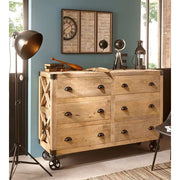 Natúr színű, tömör mangófából készült, 150 cm hosszú és 103 cm magas, 6 fiókos, loft stílusú, gurítható komód