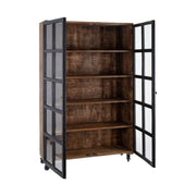 Loft stílusú, mangófából készült, 194 cm magas, 4 polcos, fémkerekekkel felszerelt vitrines szekrény nyitott ajtókkal 