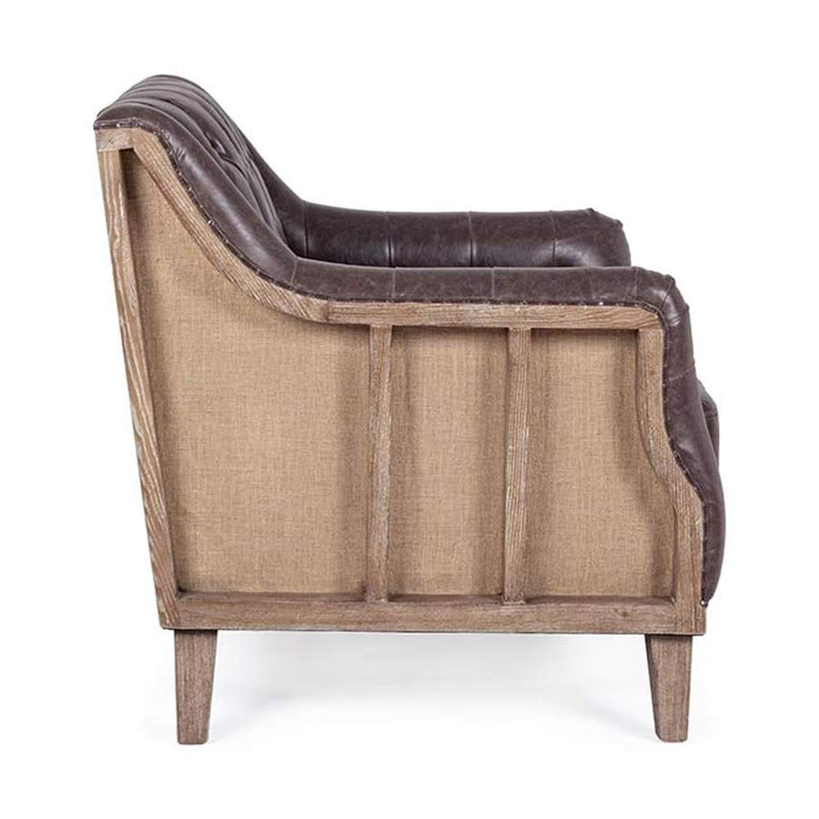 Prémium minőségű, 83 cm hosszú, kőrisfából készült, barna színű műbőrrel kárpitozott, loft stílusú fotel a "Raymond" kollekcióból