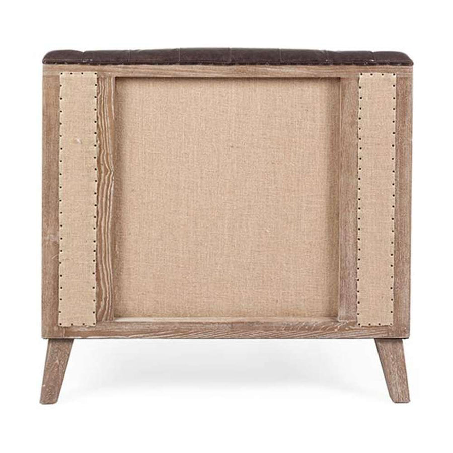 Prémium minőségű, 83 cm hosszú, kőrisfából készült, barna színű műbőrrel kárpitozott, loft stílusú fotel a "Raymond" kollekcióból