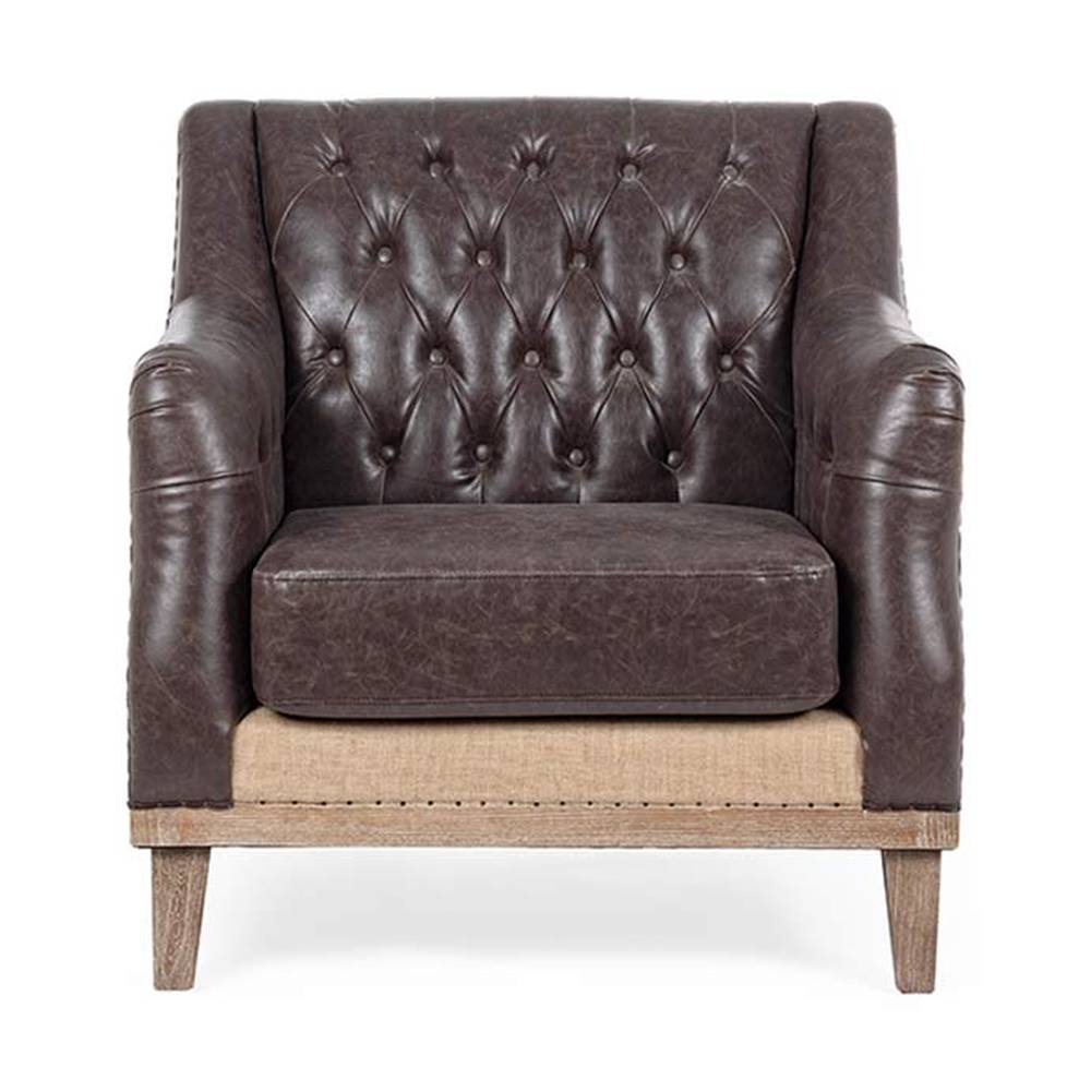 Prémium minőségű, 83 cm hosszú, kőrisfából készült, barna színű műbőrrel kárpitozott, loft stílusú fotel a "Raymond" kollekcióból