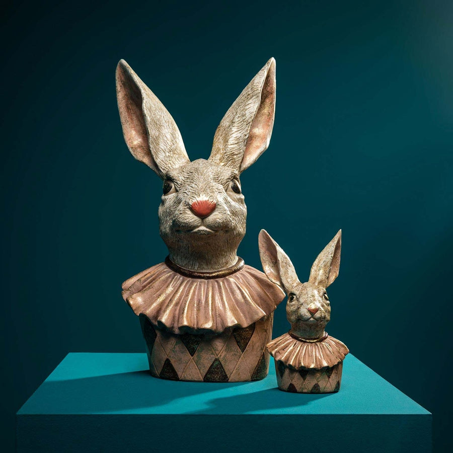 Nagyméretű 50 cm magas, Fub Funky stílusú, kárómintás, galléros nyuszi mellszobor.