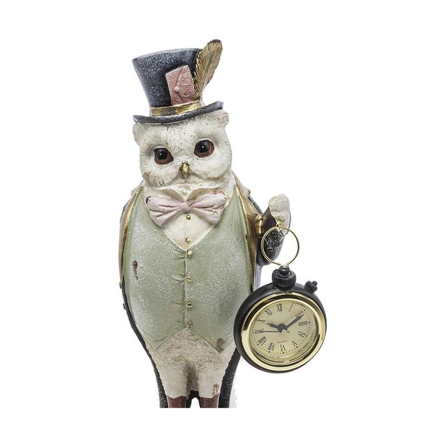 Fub Funky stílusú, cilinderes bagolyfigura órával a kezében