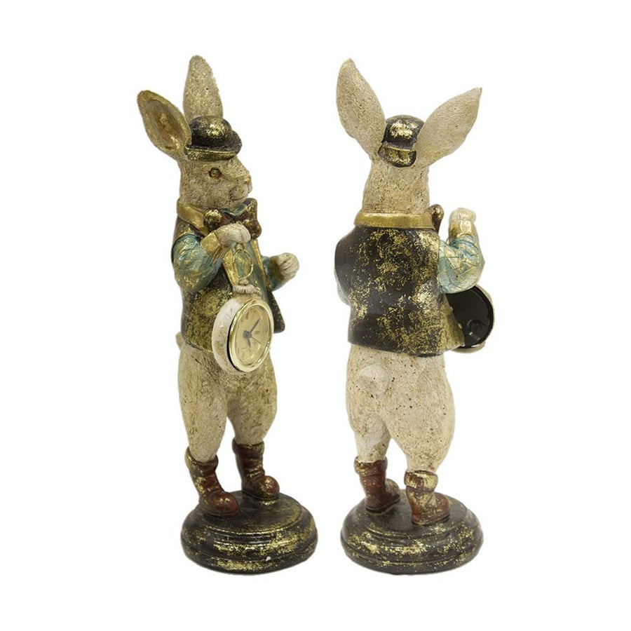 33 cm magas, Fub Funky stílusú, antikolt patinás felületű, nyuszifigura órával a kezében