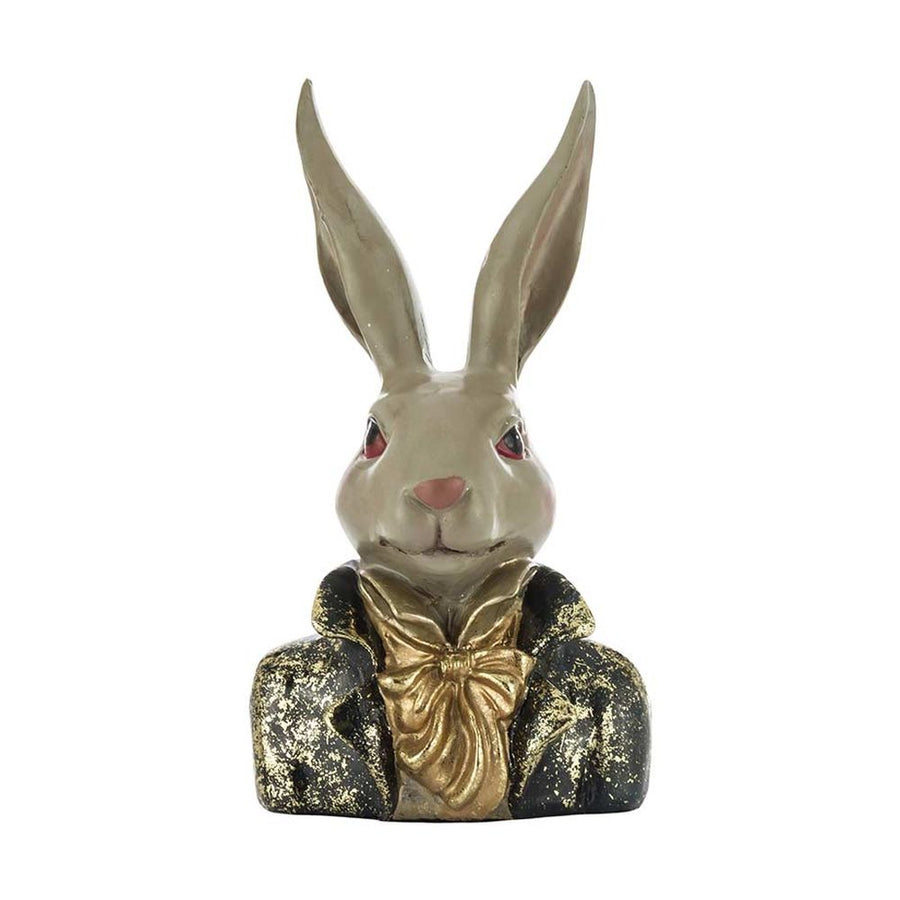 Antikolt felületű, masnival díszített galléros nyuszi mellszobor.