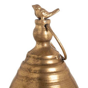 Skandináv, vidéki stílusú, madárkával díszített, óaranyszínű karácsonyi fém harang.