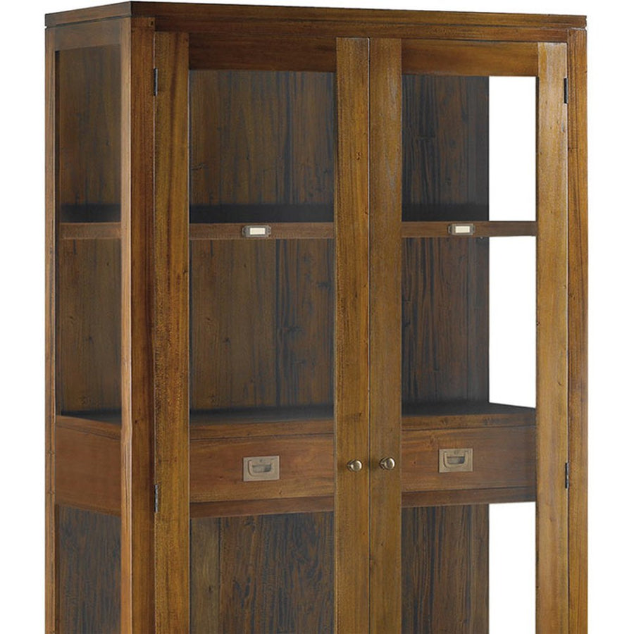 Tömör mahagónifából készült, modern-loft stílusú, kézműves vitrines szekrény.