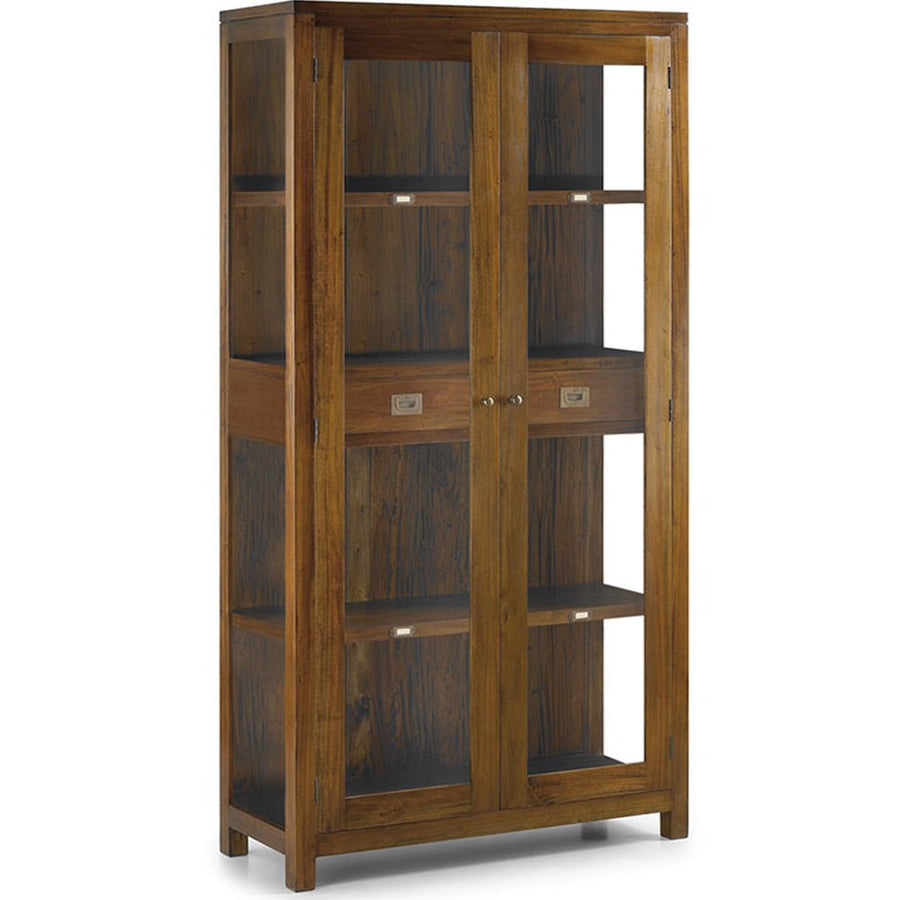 Tömör mahagónifából készült, modern-loft stílusú, kézműves vitrines szekrény.