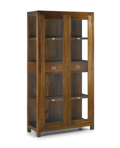 Tömör mahagónifából készült, modern-loft stílusú, kézműves vitrines szekrény.