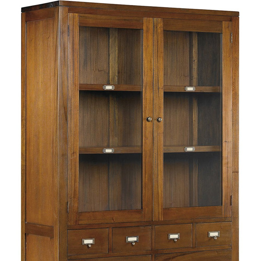 Tömör mahagónifából készült, modern-loft stílusú, kézműves vitrines tárolószekrény.