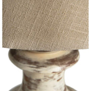 Prémium kategóriás, mangófából faragott nagyméretű, antik krém színű asztali lámpa, pamut lámpaernyővel