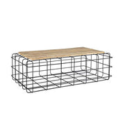 Porfestett, fekete színű acélból készült, natúr színű mangófa tetejű, kortárs, loft stílusú dohányzóasztal.