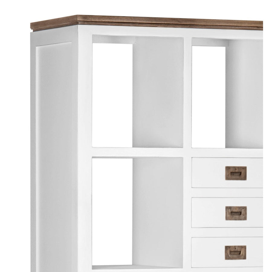 Tömör mindifából készült, modern-vidéki stílusú, 3 fiókos, kézműves könyvespolc.