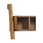 Loft stílusú, mindifából készült, kézműves polcos fiókos állvány polcos részlete.