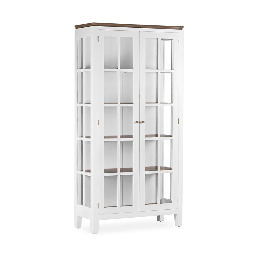 Tömör mindifából készült, modern-vidéki stílusú, kézműves vitrines szekrény.