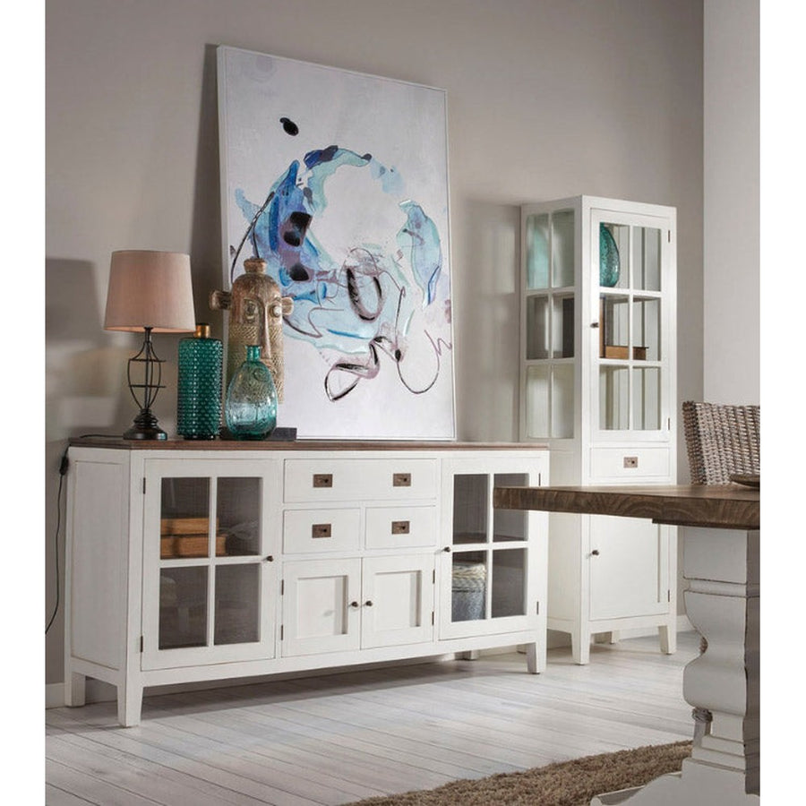 Tömör mindifából készült, modern-vidéki stílusú, kézműves vitrines tálaló.