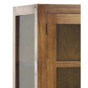 Loft stílusú, mindifából készült kézműves vitrines tárolószekrény közelkép.