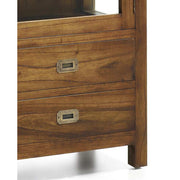 Loft stílusú, mindifából készült kézműves vitrines tárolószekrény fiókos részlet.