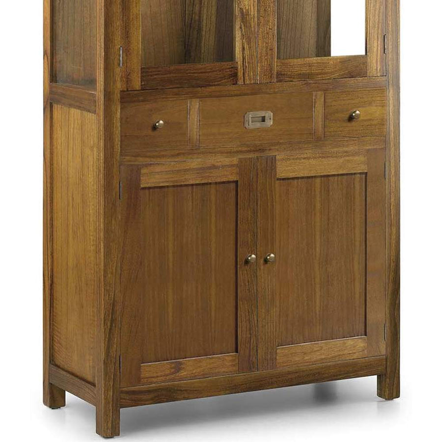 Loft stílusú, mindifából készült kézműves vitrines tárolószekrény fiók részlete.