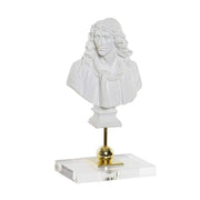 Modern, kortárs stílusú, dekoratív megjelenésű,, fehér színű kisméretű Moliére mellszobor áttetsző akril talapzaton
