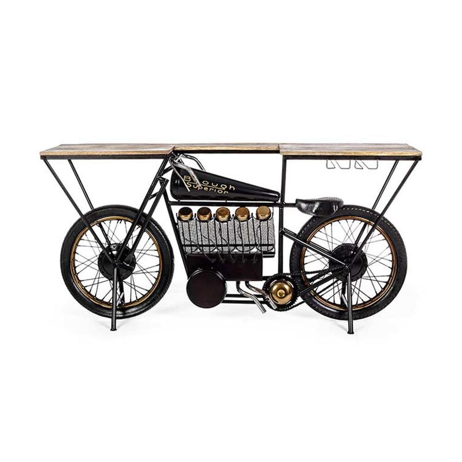 Vintage versenymotor formájú, fekete színű kézműves fém bortartó bárpult fa fedlappal.