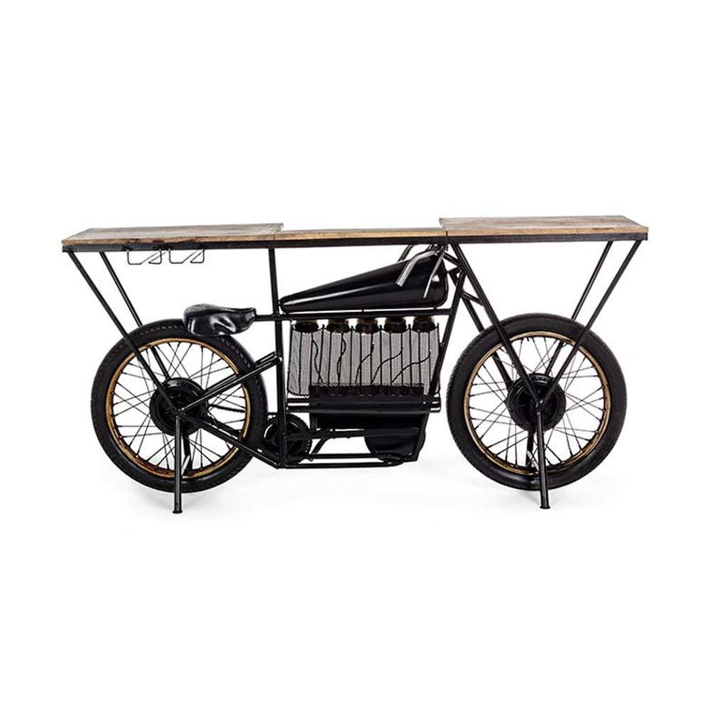 Korabeli versenVintage versenymotor formájú, fekete színű kézműves fém bortartó bárpult fa fedlappal.