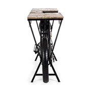 Vintage versenymotor formájú, fekete színű kézműves fém bortartó bárpult fa fedlappal.