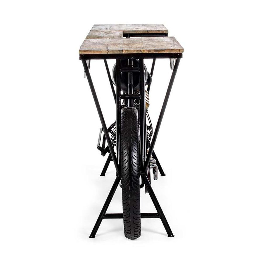 Vintage versenymotor formájú, fekete színű kézműves fém bortartó bárpult fa fedlappal.