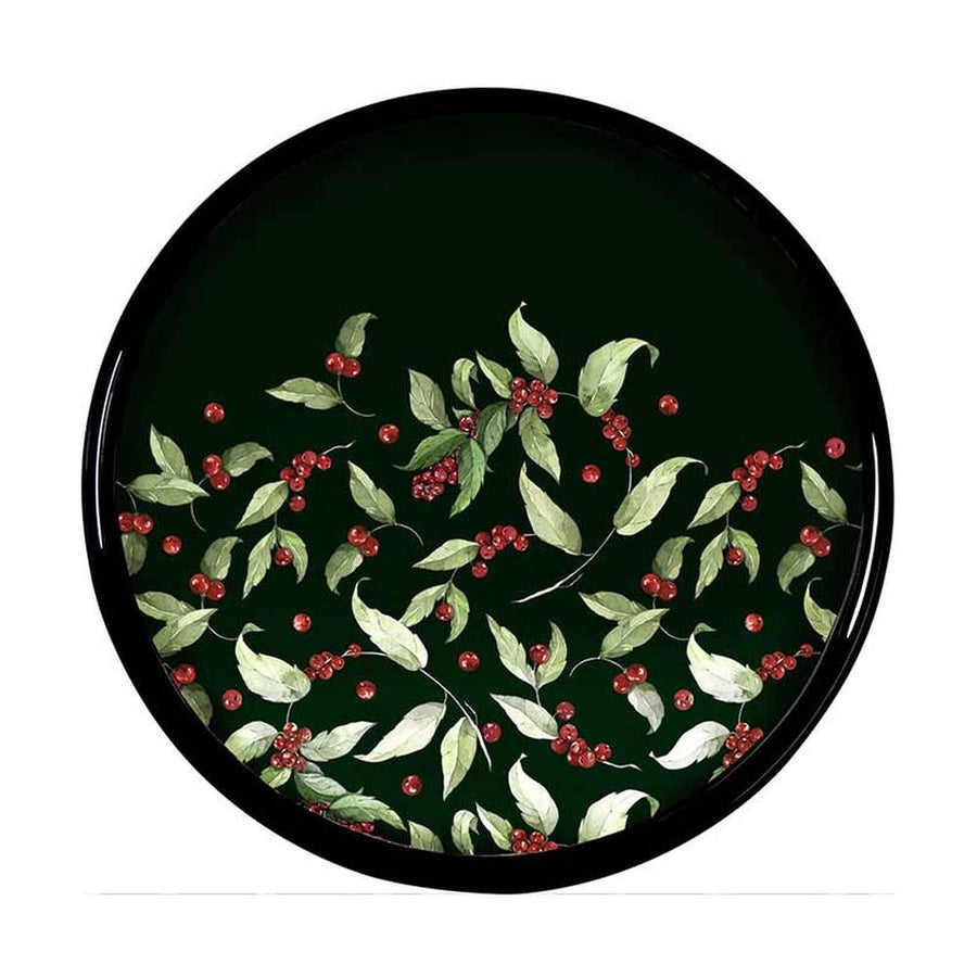 Vidéki vintage stílusú, piros bogyókkal és zöld színű levelekkel díszített, fekete alapszínű, kör alakú, karácsonyi műanyag szervírozó tálca.
