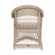 Vidéki vintage stílusú, natúr színű műrattan kerti fotel, bézs színű olefin ülőpárnával.