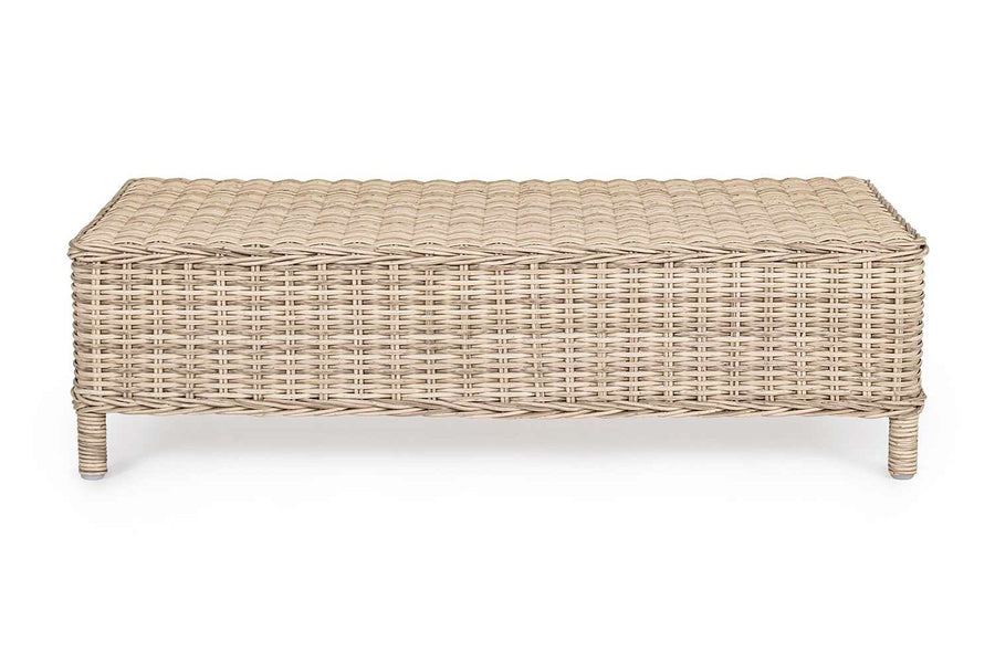 Vidéki vintage stílusú,, natúr színű műrattan kerti asztal.