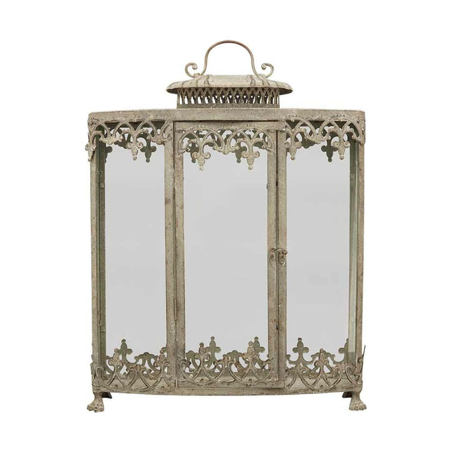 Nagyméretű, 61 cm magas, antik szürke színű patinás fémből készült dekoratív fém lámpás