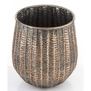 Kortárs, modern stílusú, dombormintás felületű, réz színű, nagyméretű fém kaspó