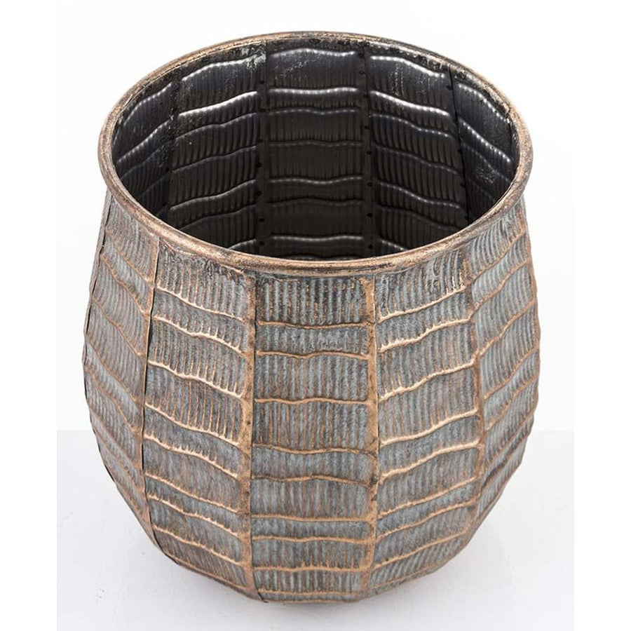 Dombormintás felületű, réz színű, nagyméretű fém kaspó