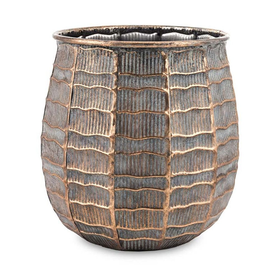 Dombormintás felületű, réz színű, nagyméretű fém kaspó