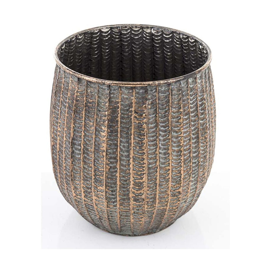 Kortárs, modern stílusú, dombormintás felületű, réz színű, nagyméretű fém kaspó