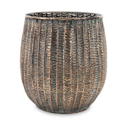 Kortárs, modern stílusú, dombormintás felületű, réz színű, nagyméretű fém kaspó