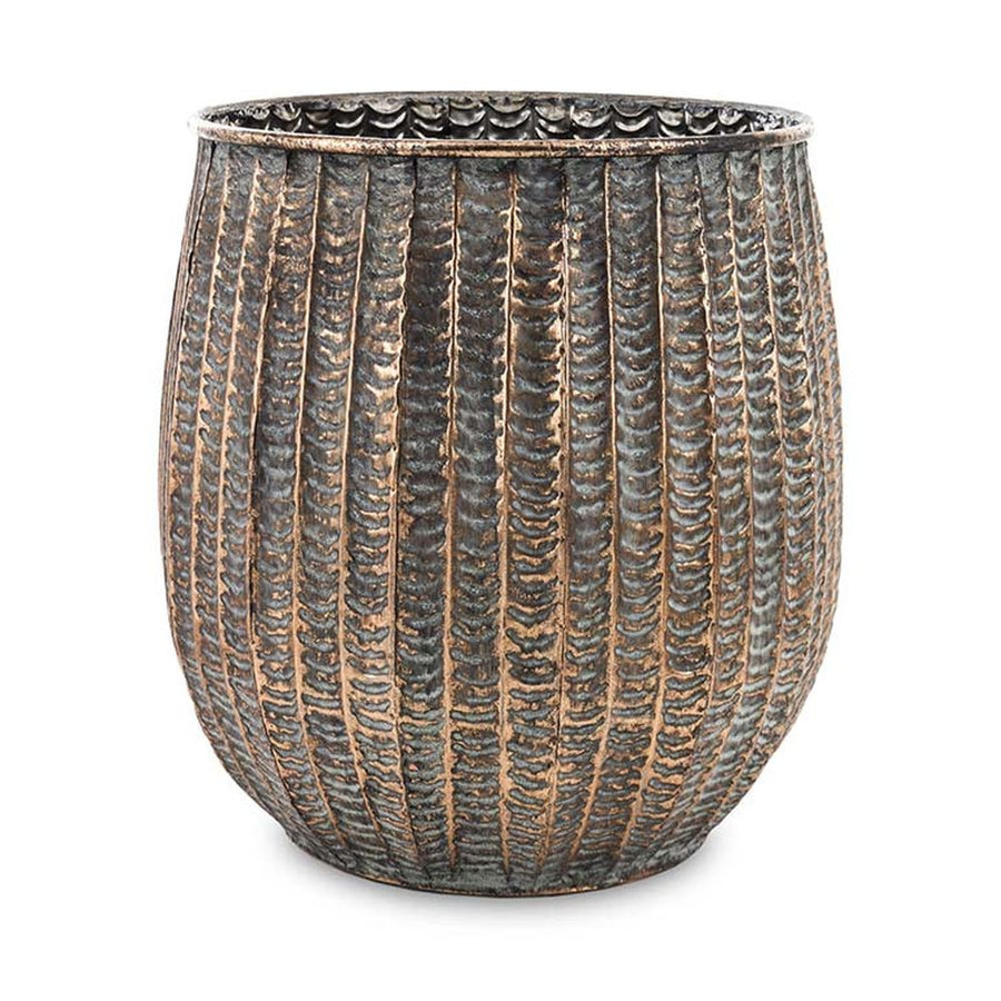 Kortárs, modern stílusú, dombormintás felületű, réz színű, nagyméretű fém kaspó